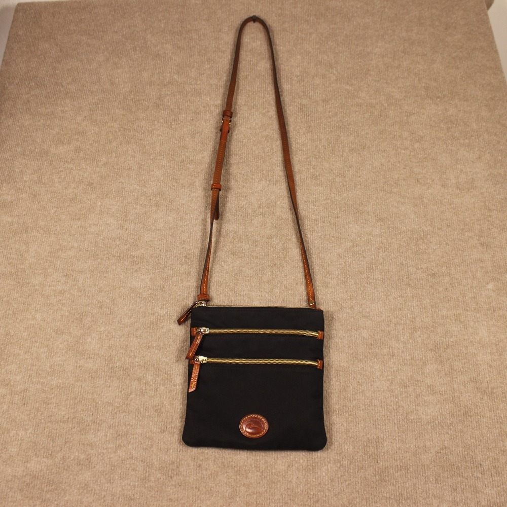 Dooney & Bourke Black Fabric Triple Zip Crossbody Bag with Leather Trim